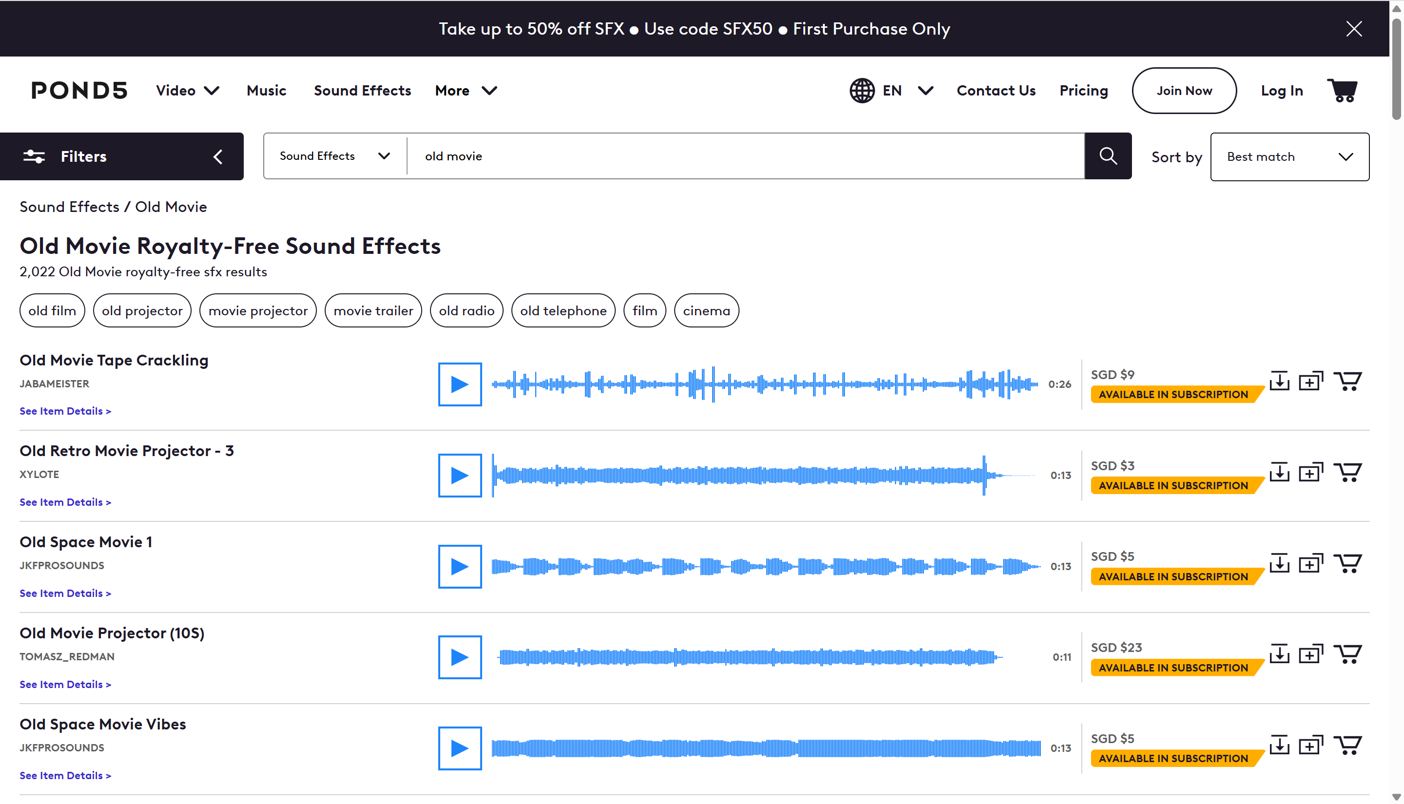 Interface of Pond5 - the popular tool to find old movie sound effects for free