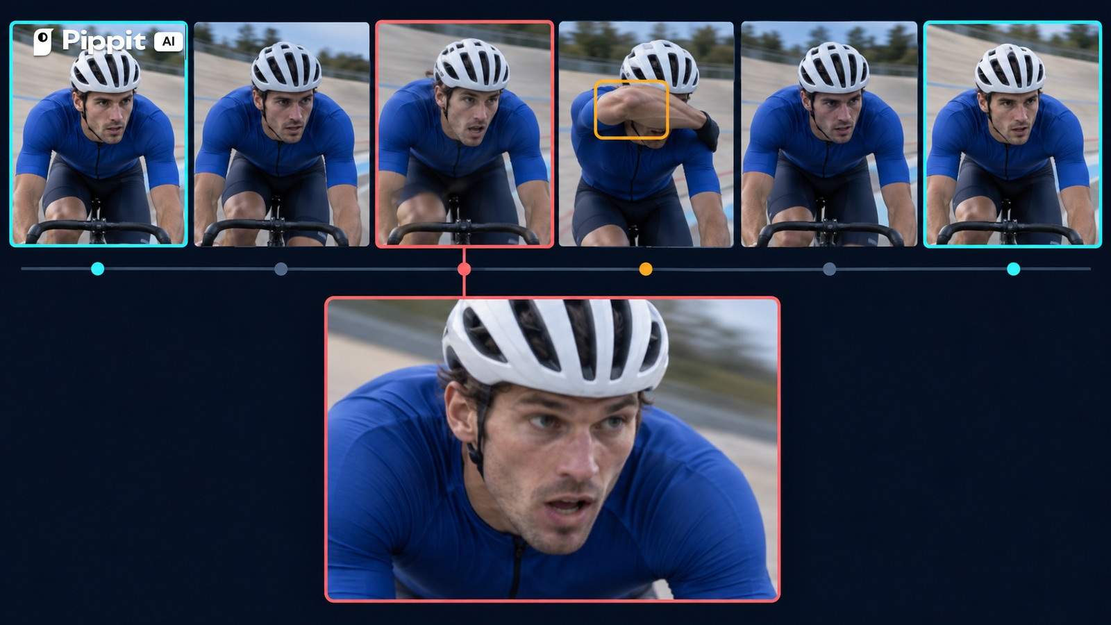 A six frame cyclist sequence marks the first identity error, an occlusion, and stable recovery faces.