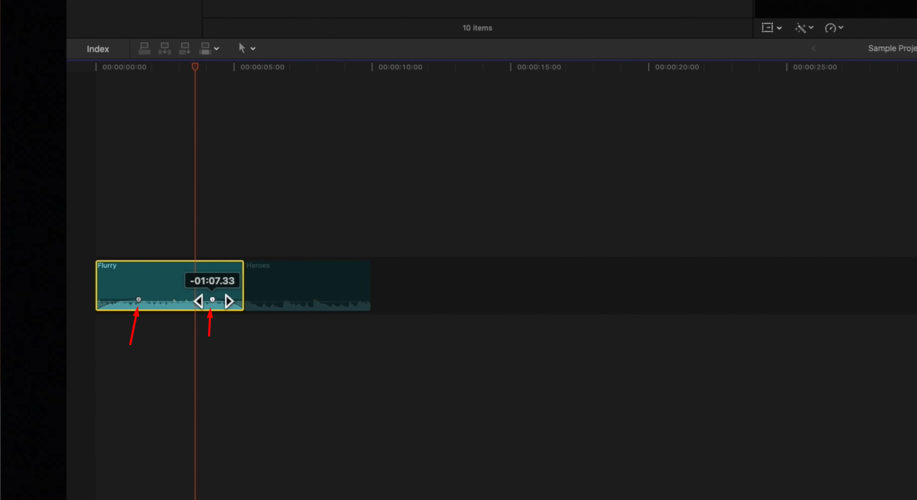 Перетащите звук на затухание Final Cut Pro
