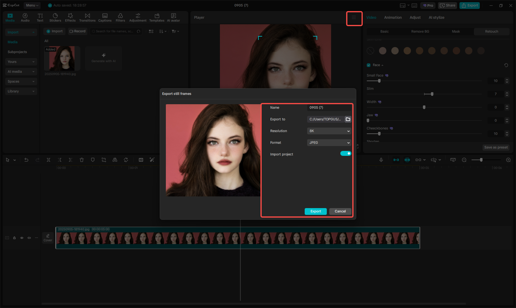 Esporta l'immagine ritoccata