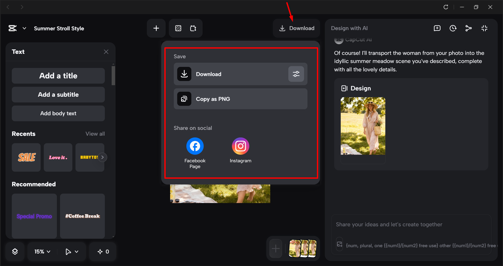 Exporting the image in the CapCut desktop video editor
