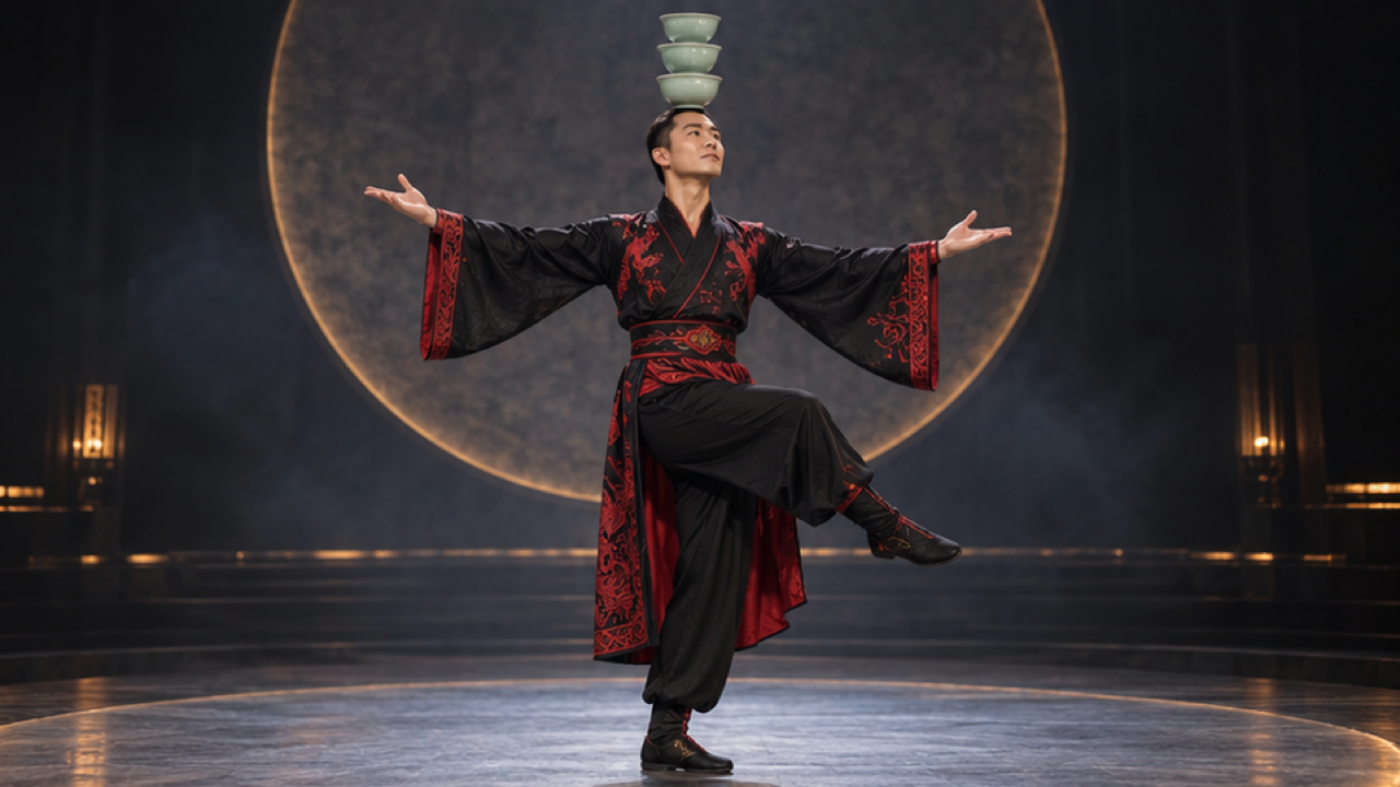 高階逼真16:9靜止關鍵幀，原創成年男性表演者穿著黑色服裝深紅色口音雙臂優雅伸展，單膝抬起圓形工作室舞臺，三個青瓷碗直立堆疊在頭部不同的邊緣，完整的身體堆疊腳可見寬敞的淨空，溫暖的聚光燈柔和的邊緣淺色深色背景，沒有文字標誌水印。