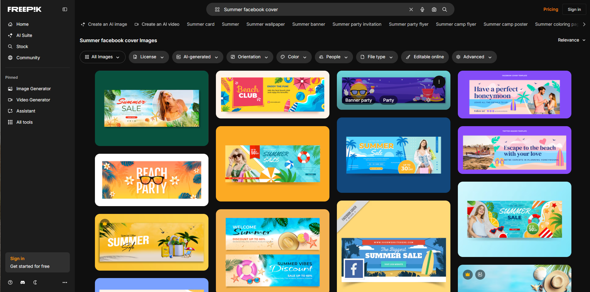 Interface of Freepik - a free resource for summer Facebook cover photos