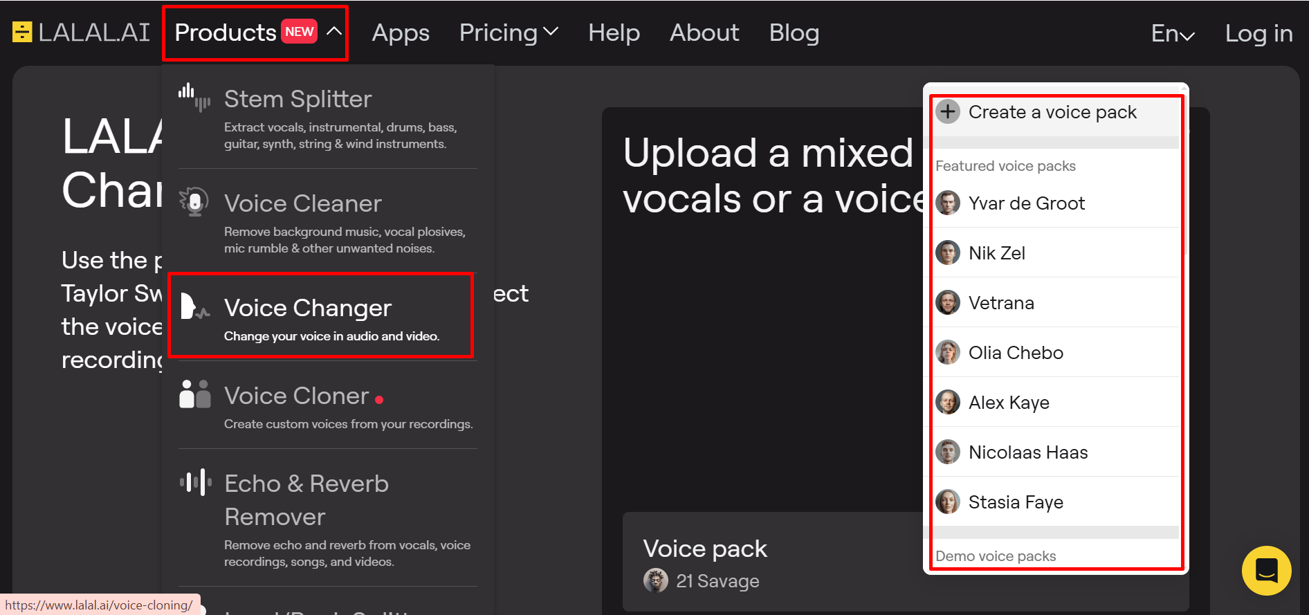 Image showing how to select the voice from the voice pack in LALAL.AI voice changer