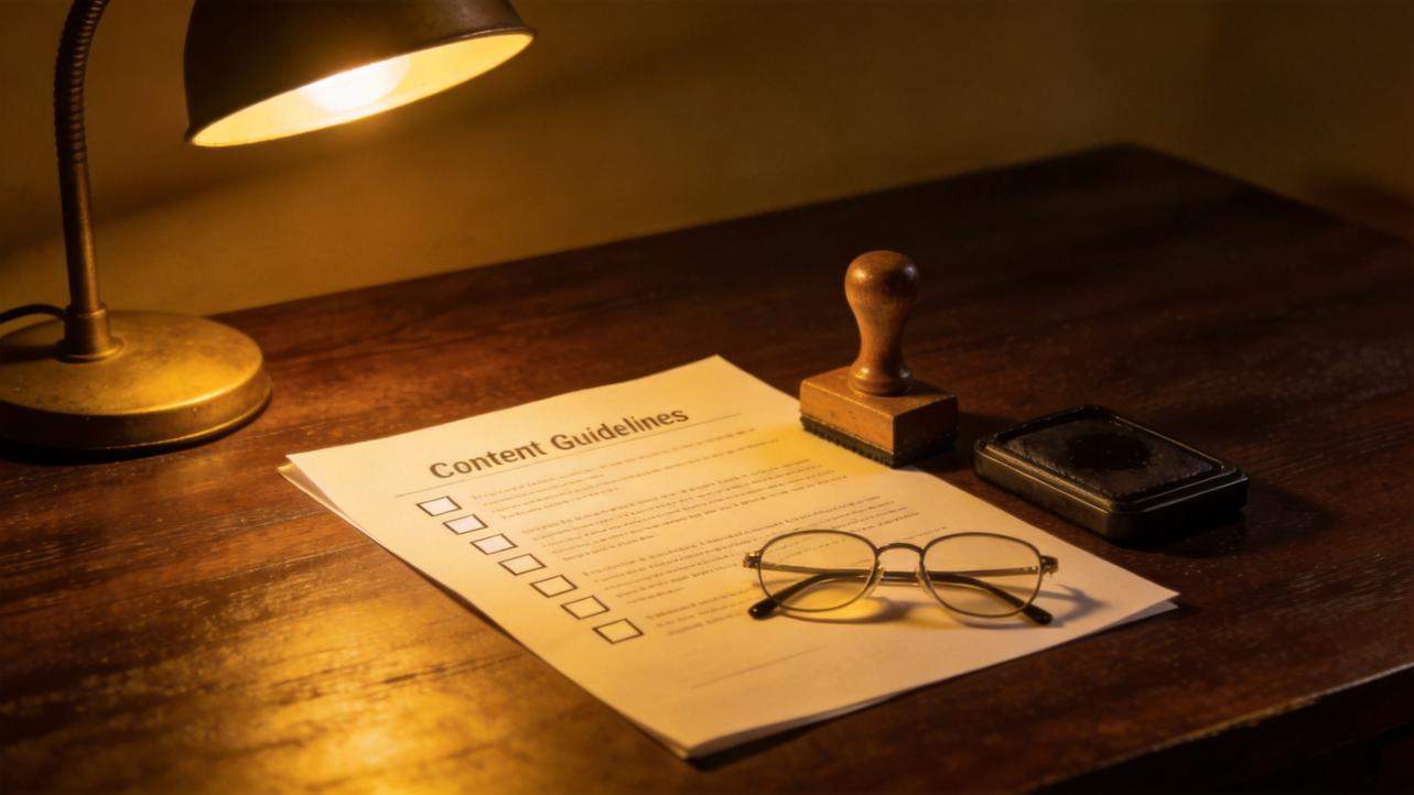 Content guidelines document on a wooden desk beside glasses, a stamp, and a lamp