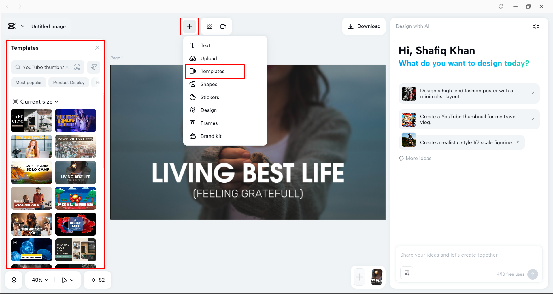 Choosing a thumbnail template in CapCut