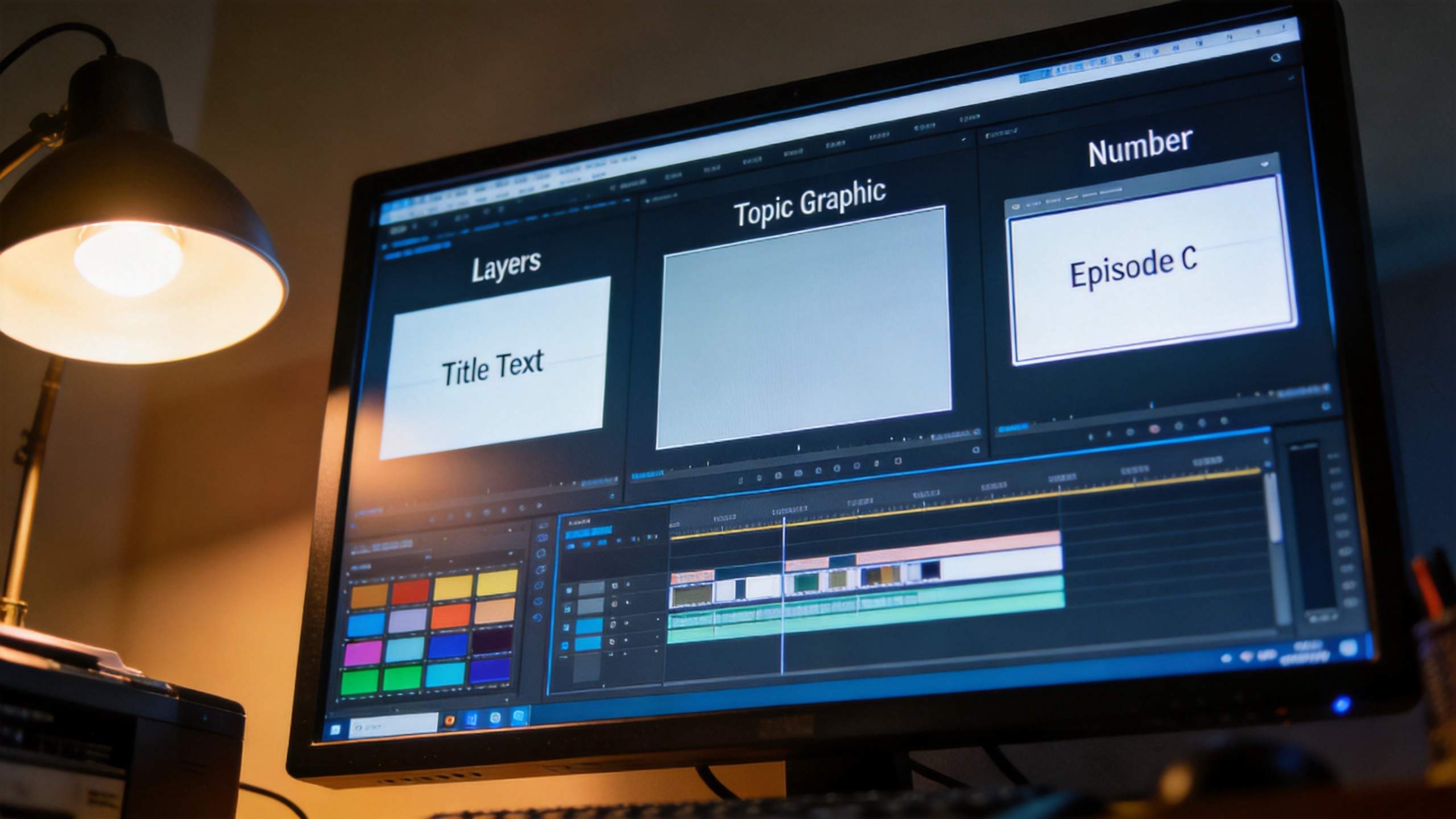 Video editor showing title text, topic graphic, and episode number templates on a timeline
