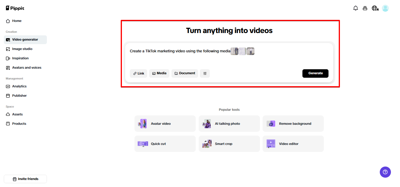Abrindo o gerador de vídeos no Pippit