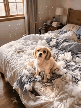 Small dog sitting on a rumpled bed covered in torn stuffing and bedding