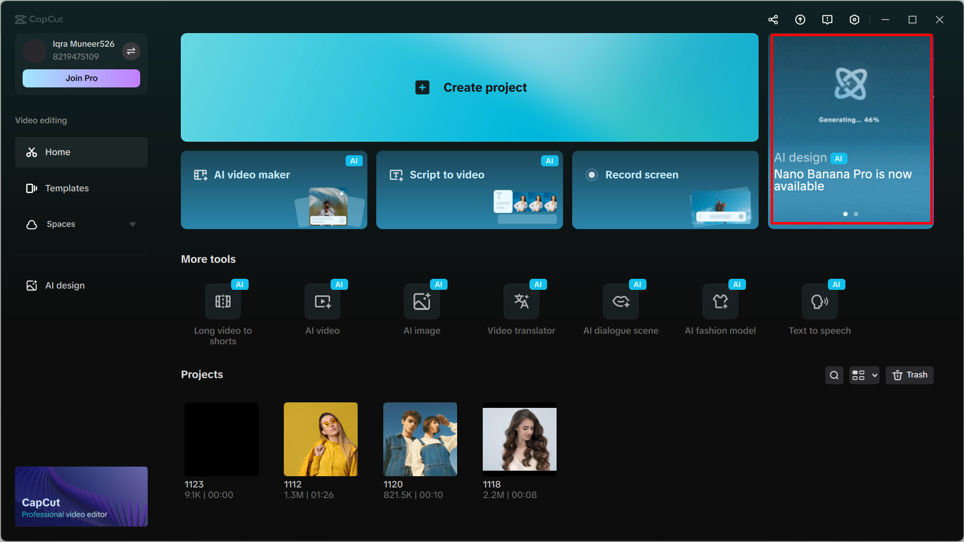 Accessing the AI design tool in CapCut