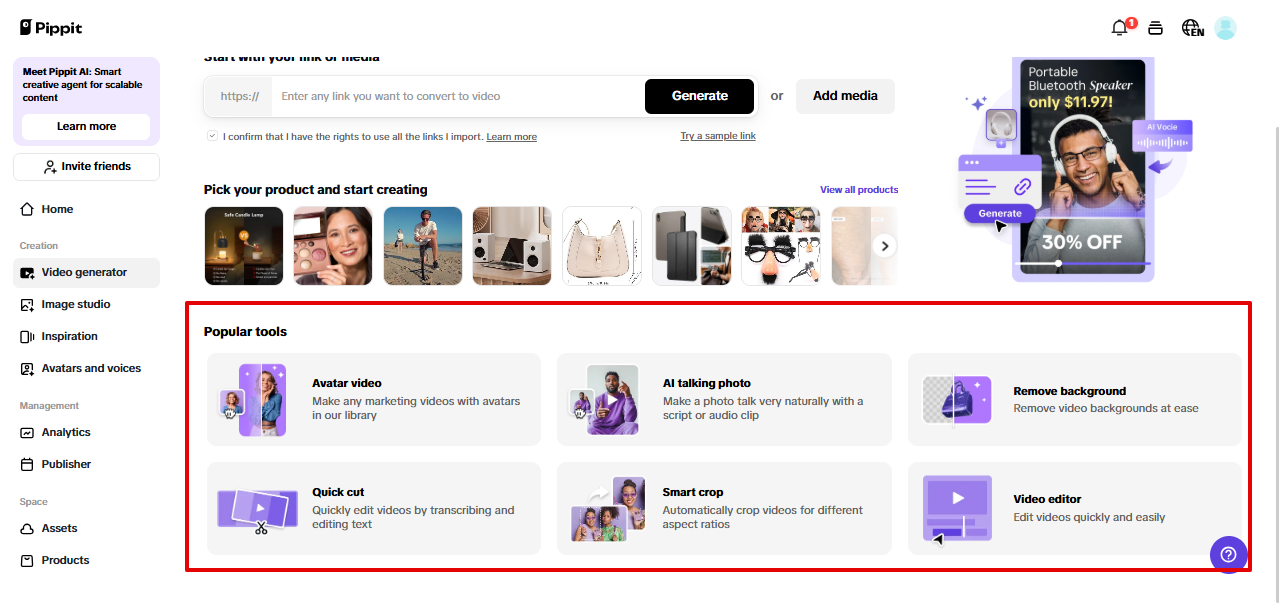 Smart video tools in Pippit