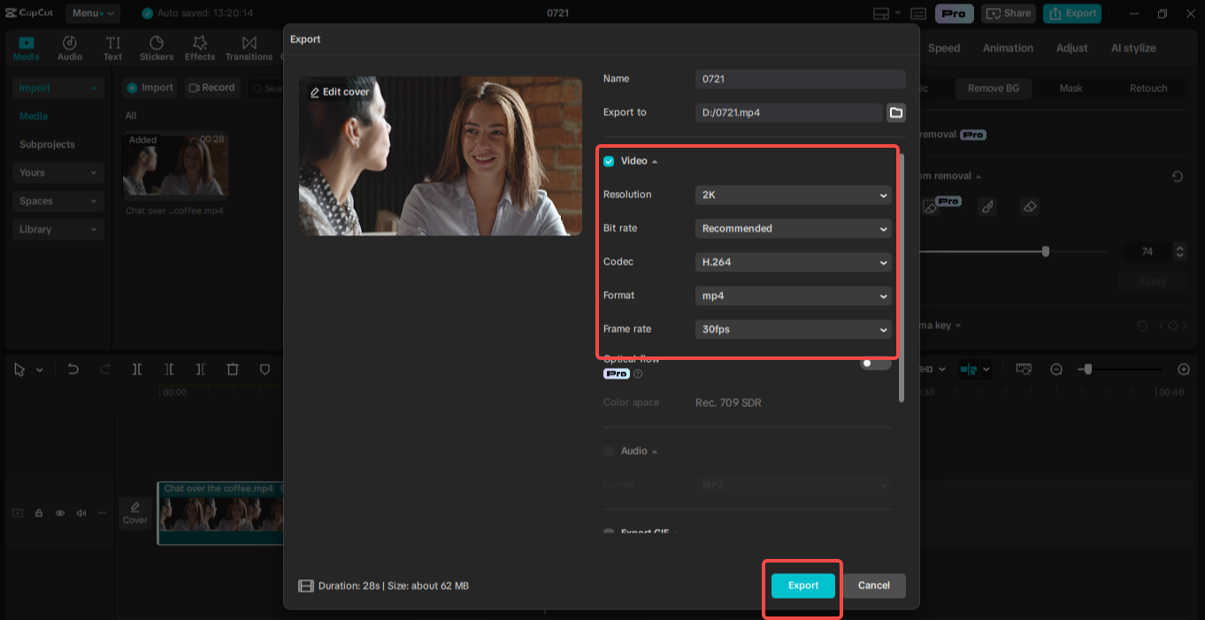 Export des Videos in CapCut