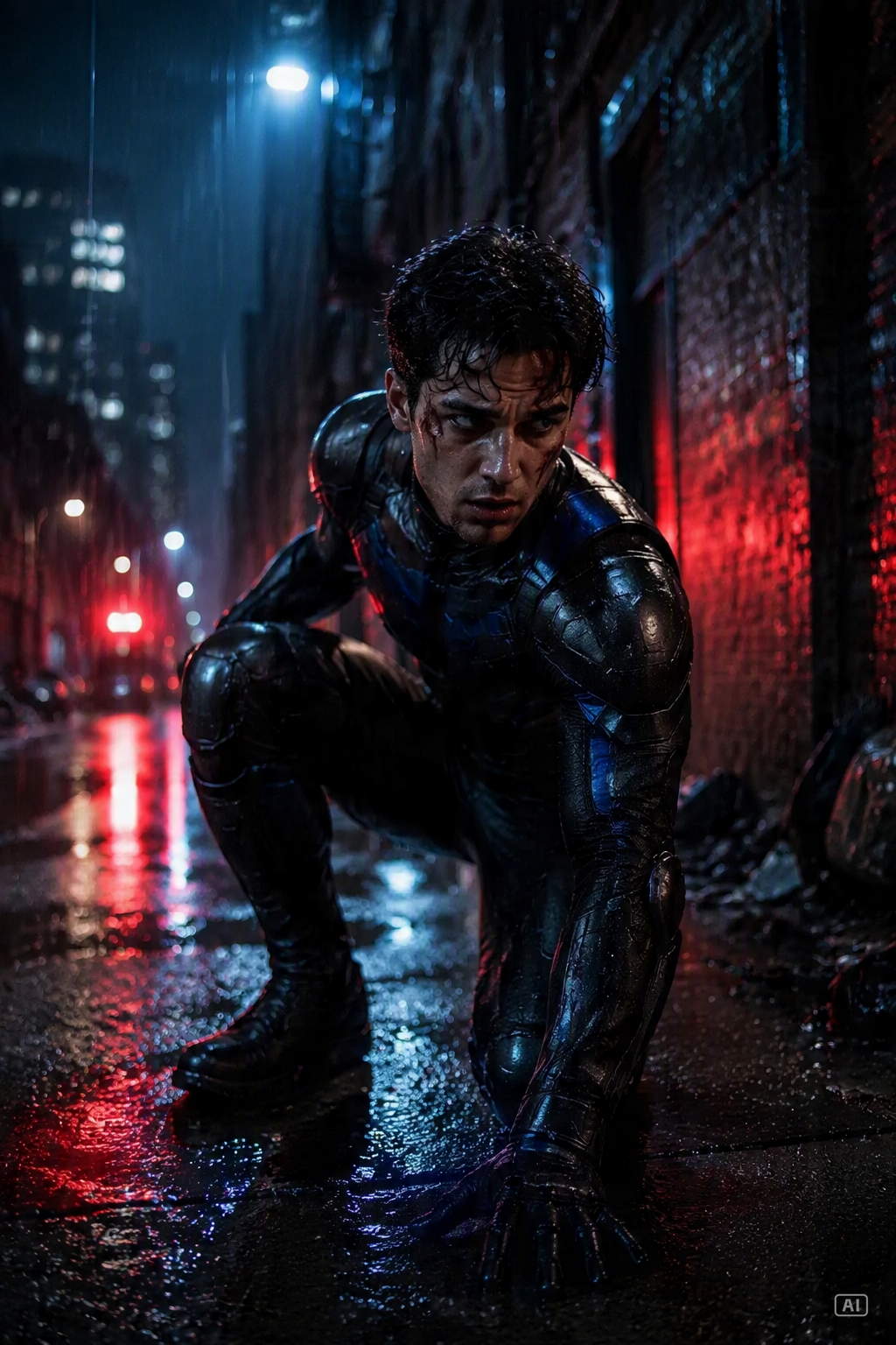 AI Spiderman rain-soaked alley image generated by Pippit