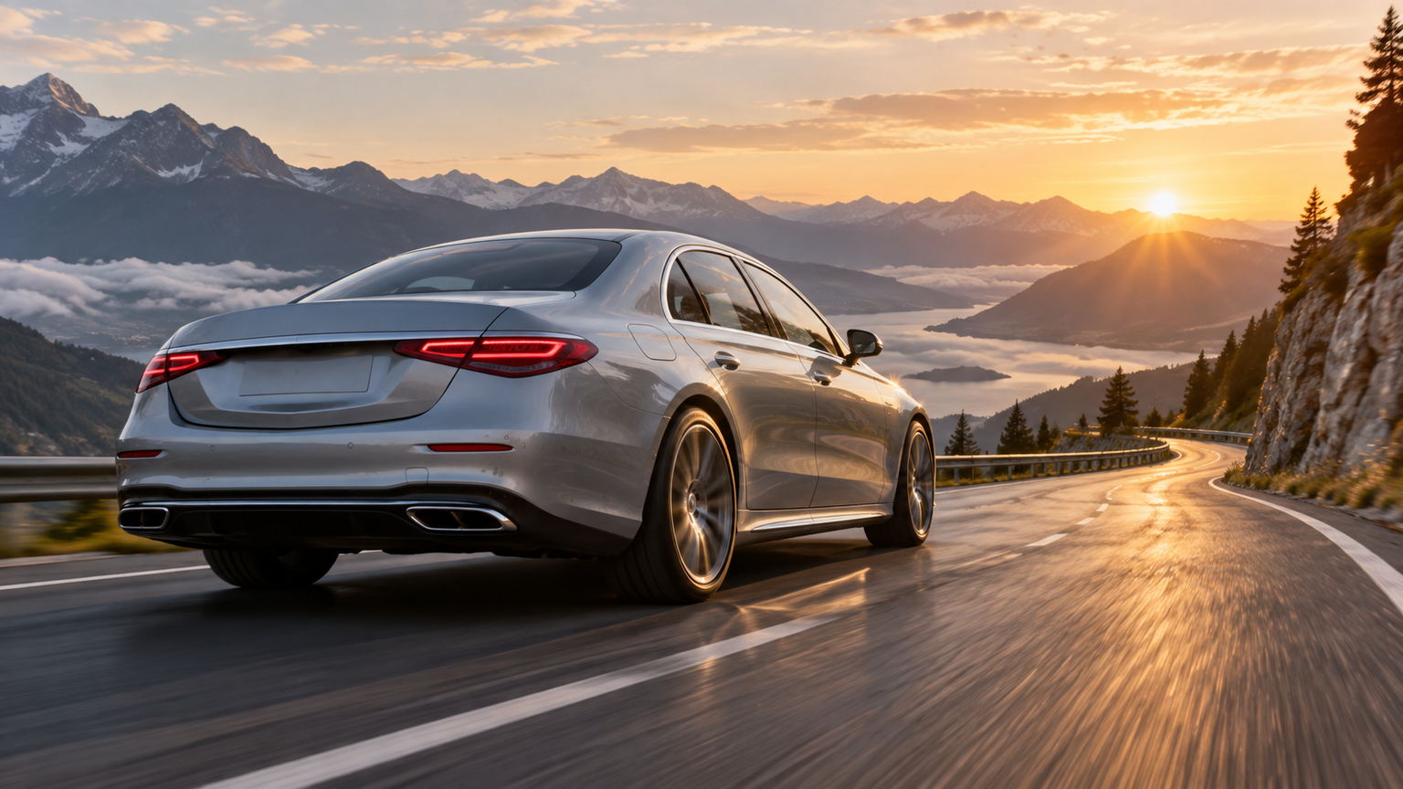 a premium sedan moving through mountain, tunnel, and coastal roads with believable wheel motion and camera-car perspective
