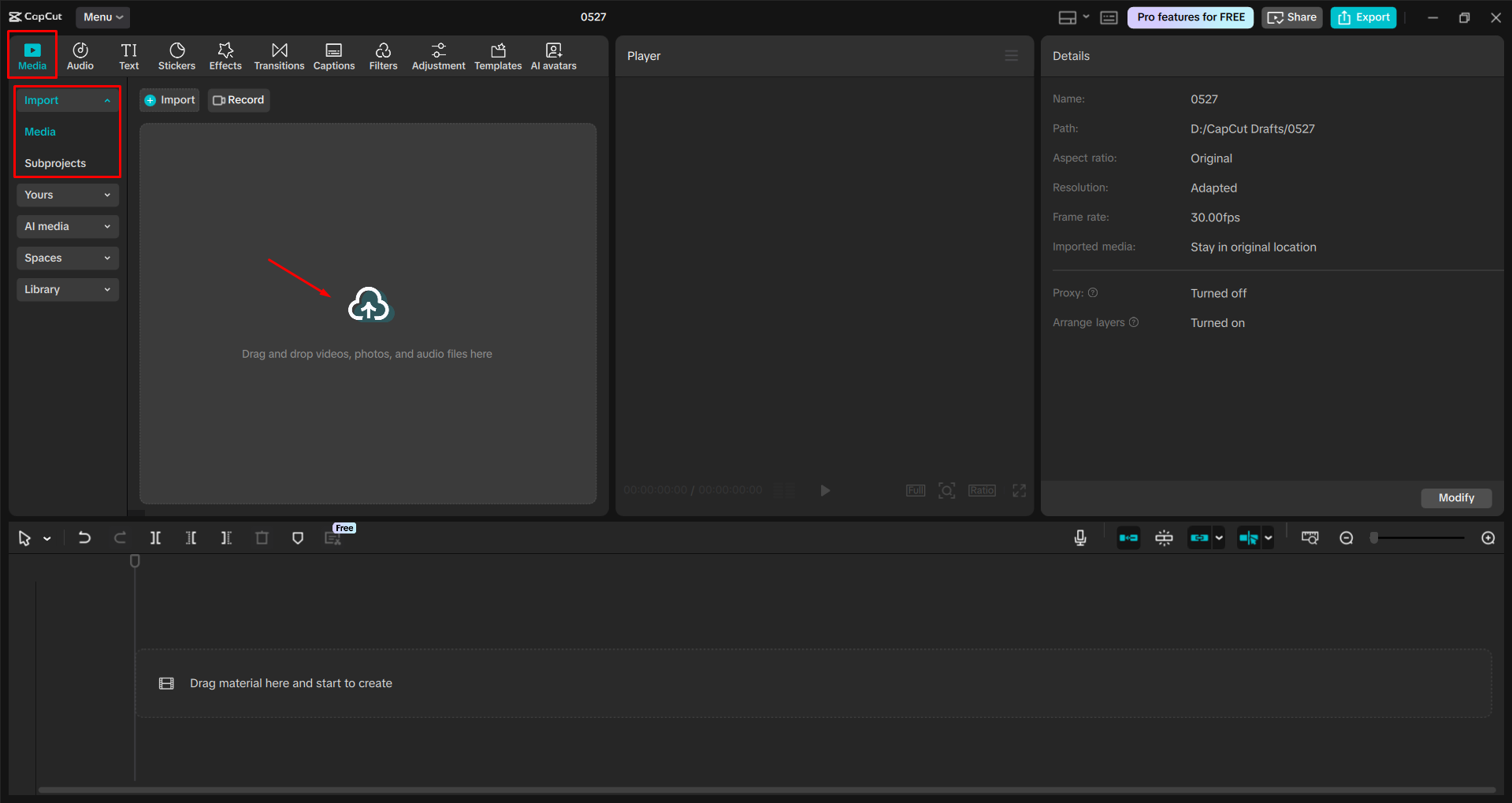 Importar uma imagem para o editor de vídeo de desktop CapCut