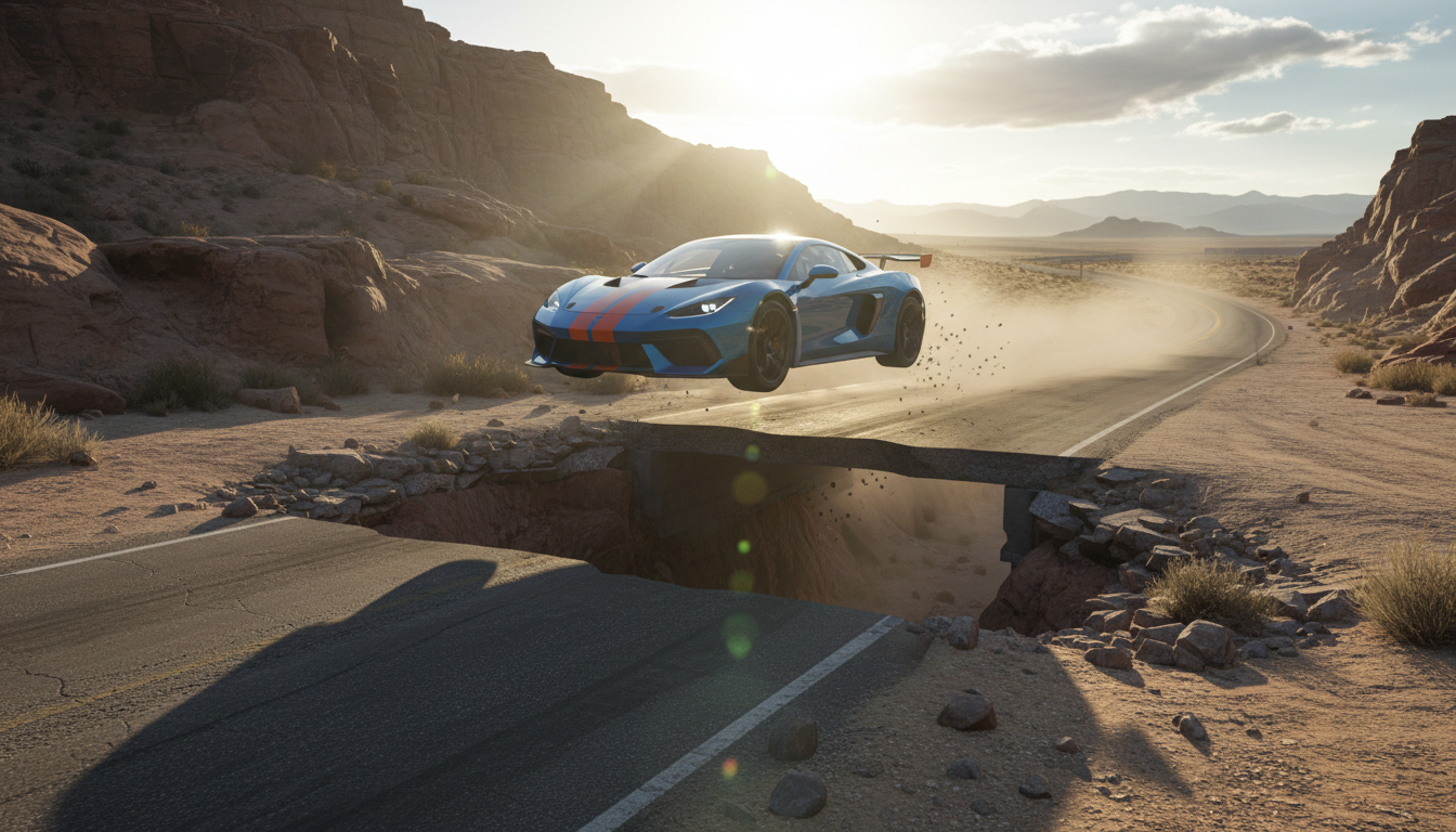 Hero frame: sports car mid-air over road gap, low-angle, cinematic motion blur, dramatic sunlight and shadows, action scene for AI car jump.