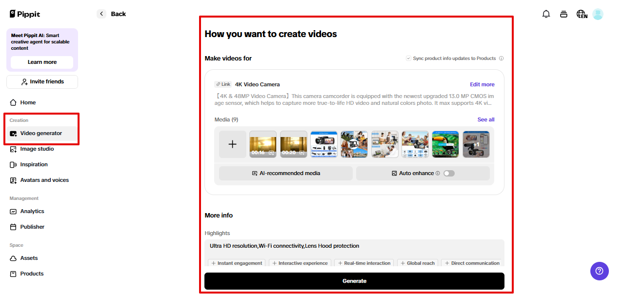 Customizing video settings in Pippit
