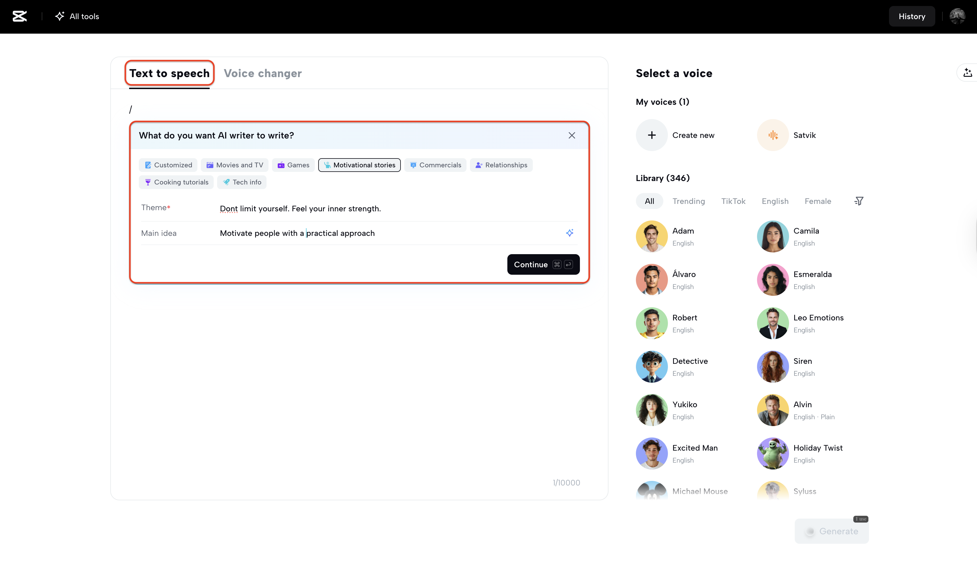 Go to TTS and use AI script writer