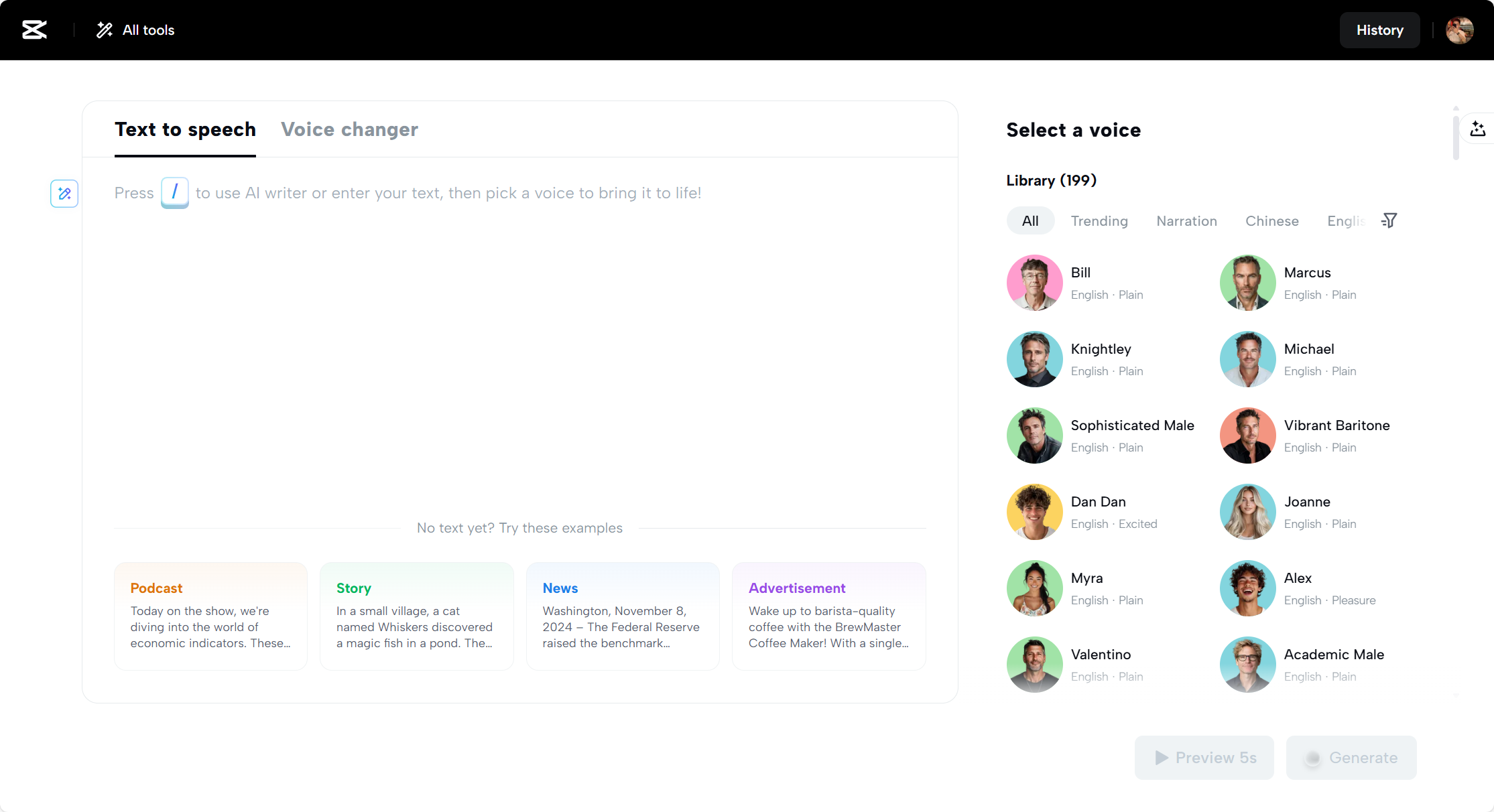 CapCut Web's text-to-speech tool