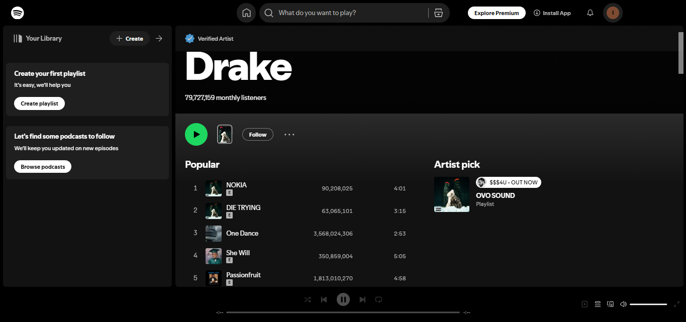 Drake - jeden z najczęściej oglądanych raperów na Spotify