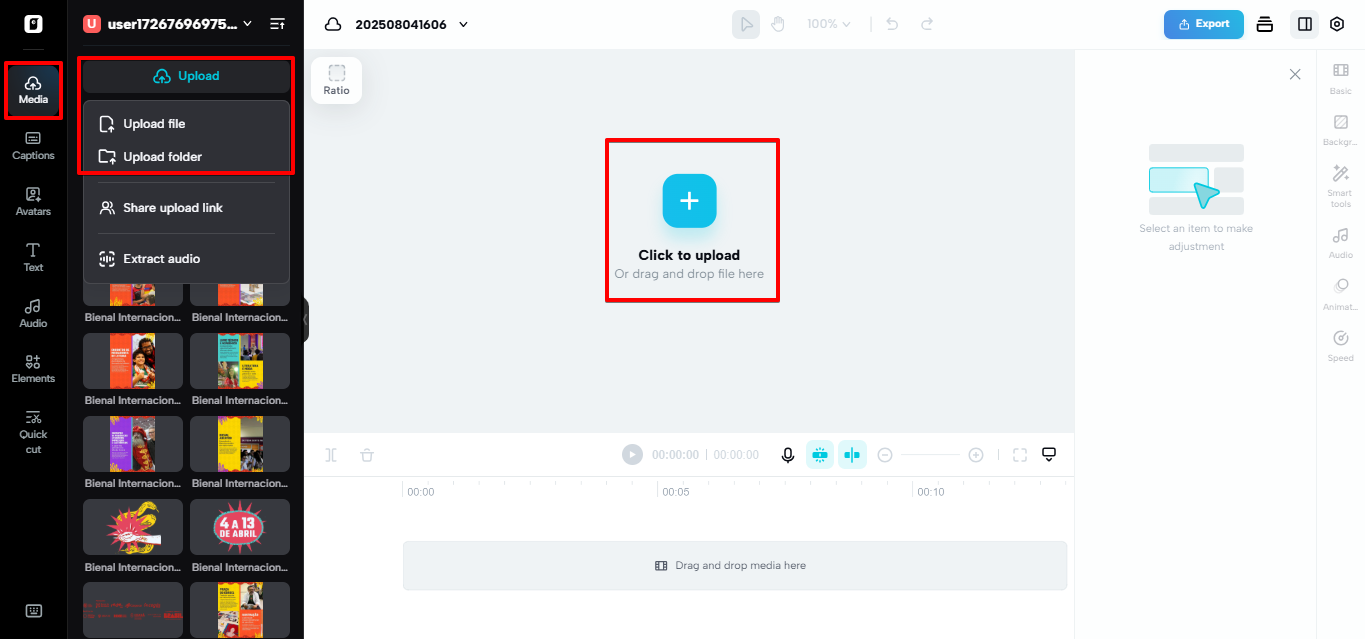 Uploading a video to Pippit