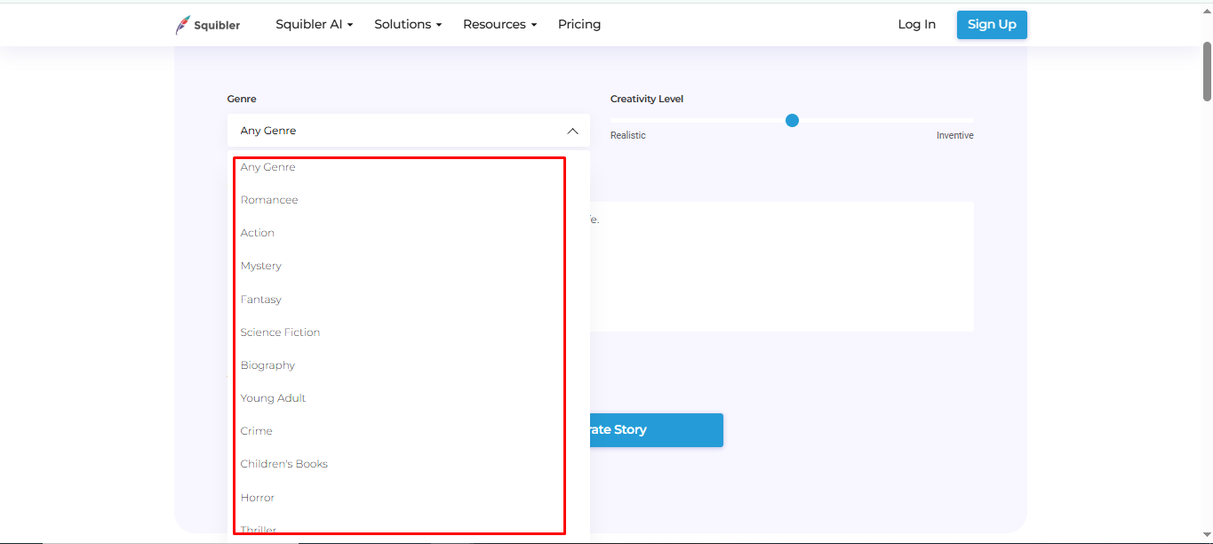 Selecting the genre to match the story tone in Squibler AI story writer