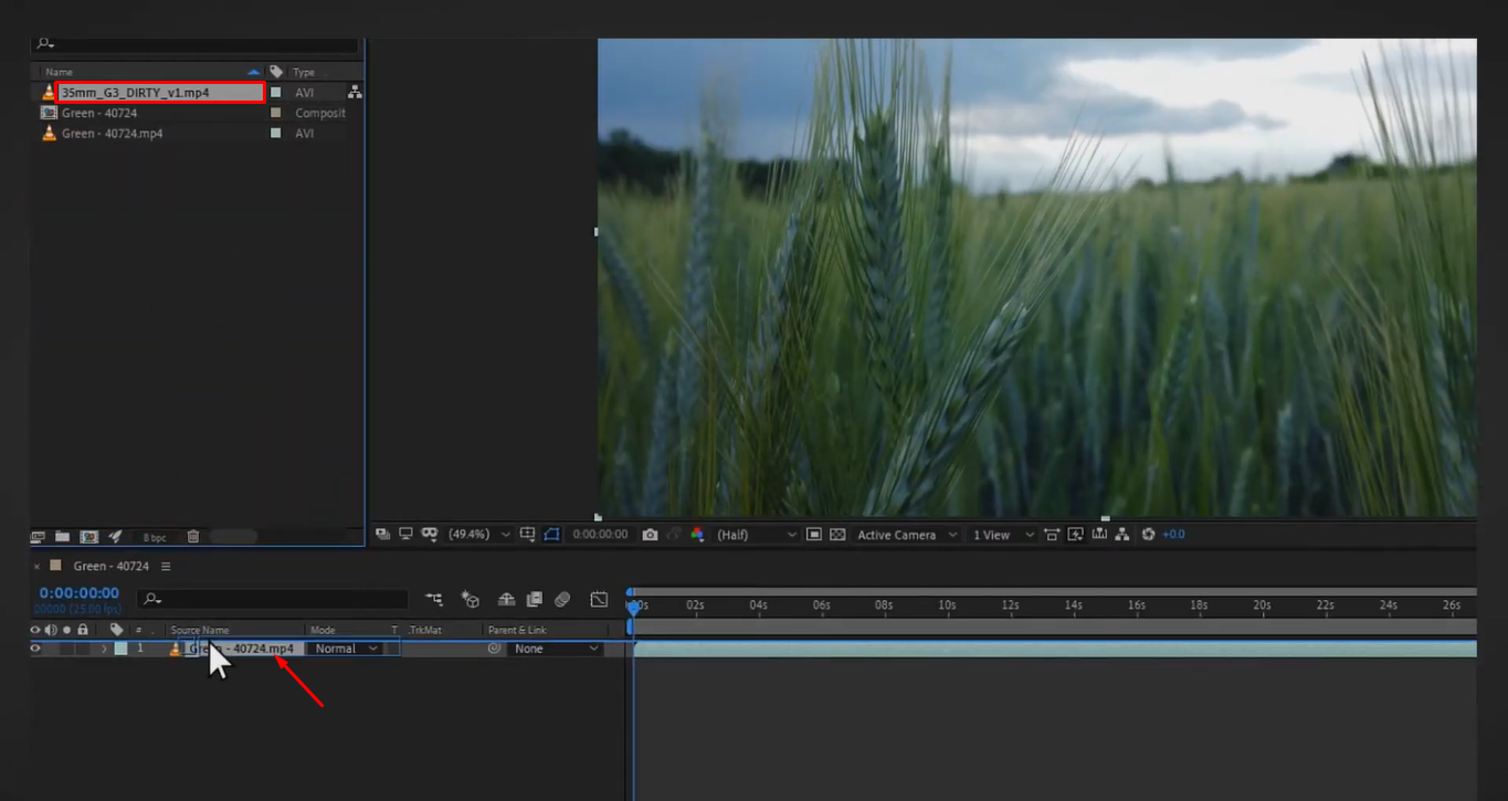 Importing the film grain clip in After Effects