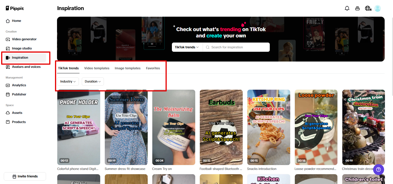 Mga nalinaw na template sa Pippit