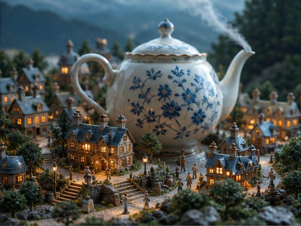 Tensor Art AI Prompt, ejemplo de aviso 2 - Aldea de té en miniatura