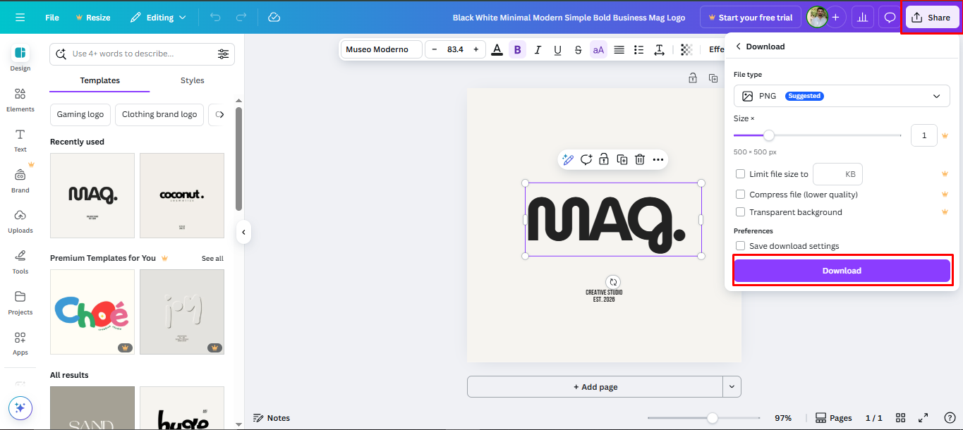 Image showing how to finalise and download your logo