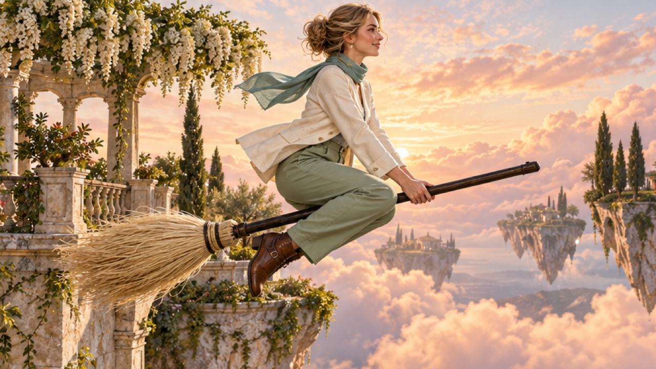 16: 9 lussuoso portachiavi di fantasia illustrativa di una donna adulta originale in giacca avorio, pantaloni di salvia e sciarpa corta verde acqua in equilibrio su una scopa di legno scuro con setole di paglia pallida accanto a una terrazza botanica galleggiante, cielo aperto di nuvole di pesca e luce luminosa dell'alba, profilo laterale completo chiaro.