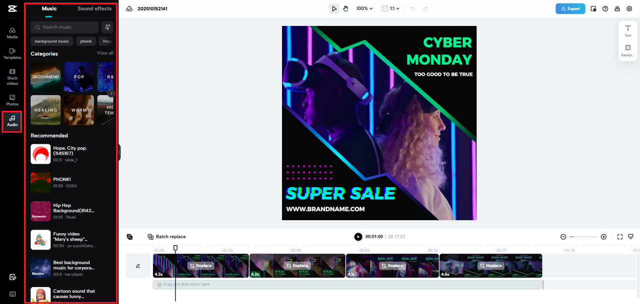 Tambah muzik pada templat iklan video anda