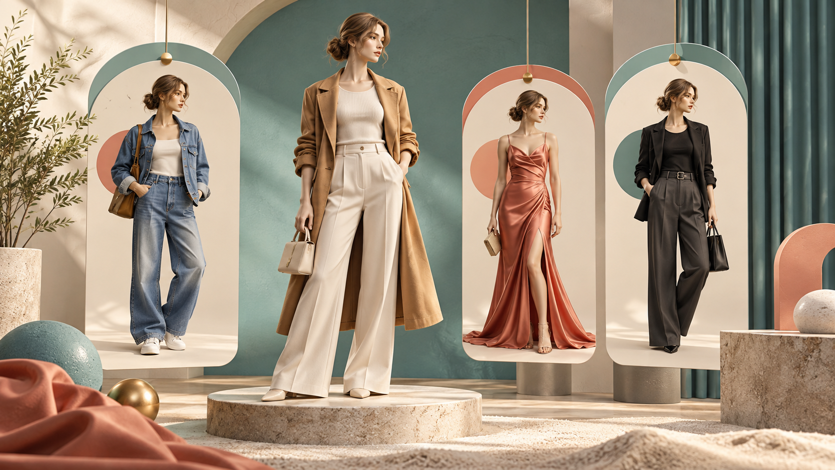 A styling board with a figure, outfit cards and fabric details