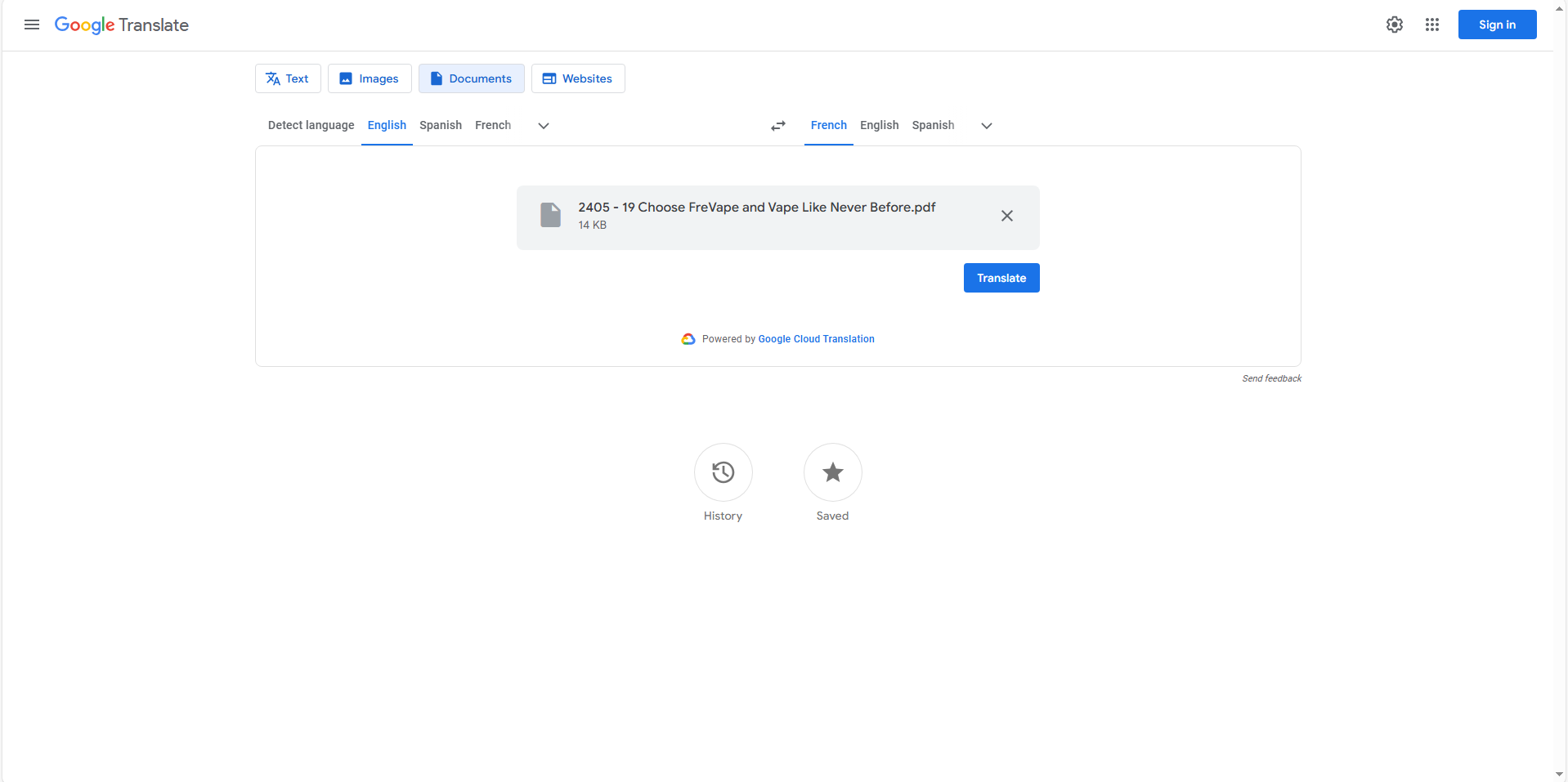 Translate documents in Google Translate