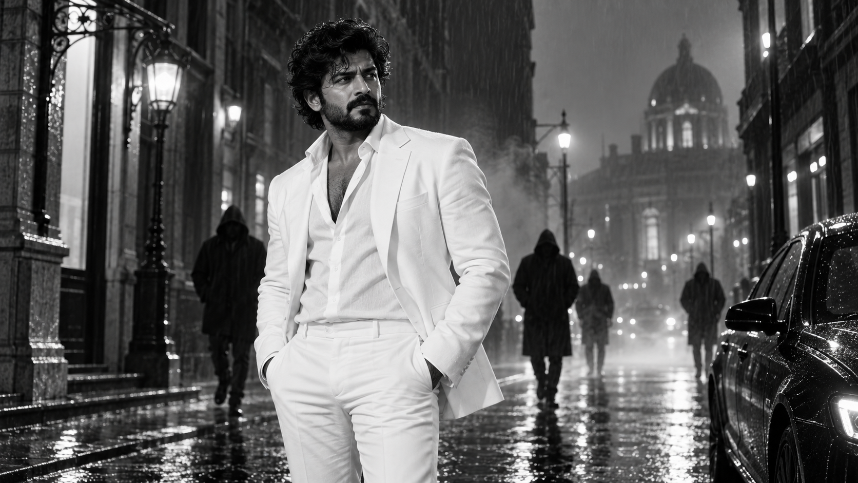 Prompt spațial Suraj: Creați imagini cinematografice South Hero Exemplu prompt 2 - Rainy Street Power Portrait