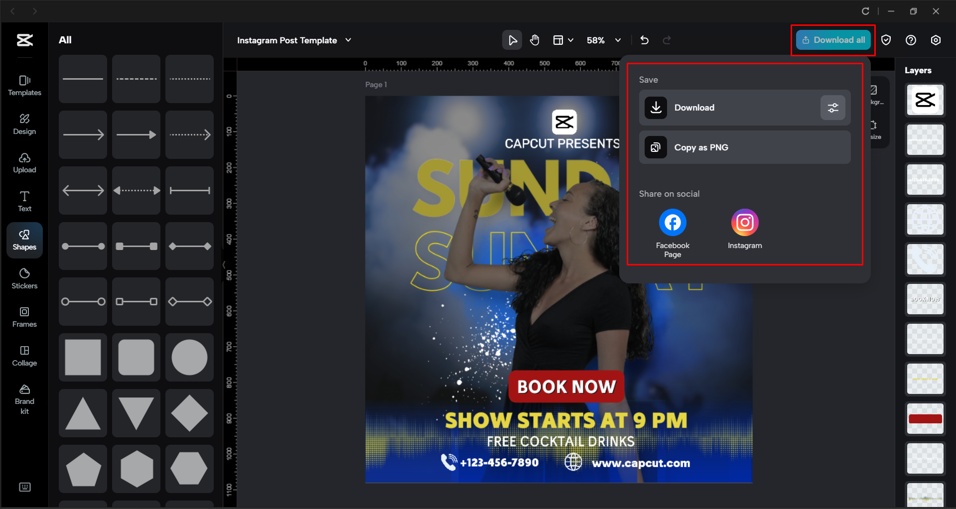 Exporting the Instagram post template from the CapCut desktop video editor