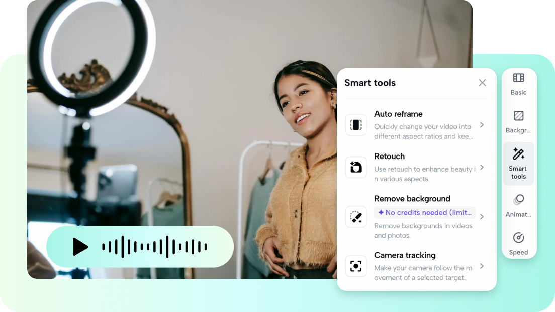 CapCut PC-Betriebsbild, das die Anpassung des Übergangsgriffs an die Audiowellenformen zeigt