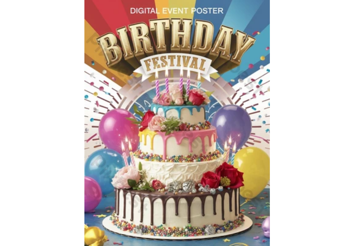 Birthday flyer with balloons and cake