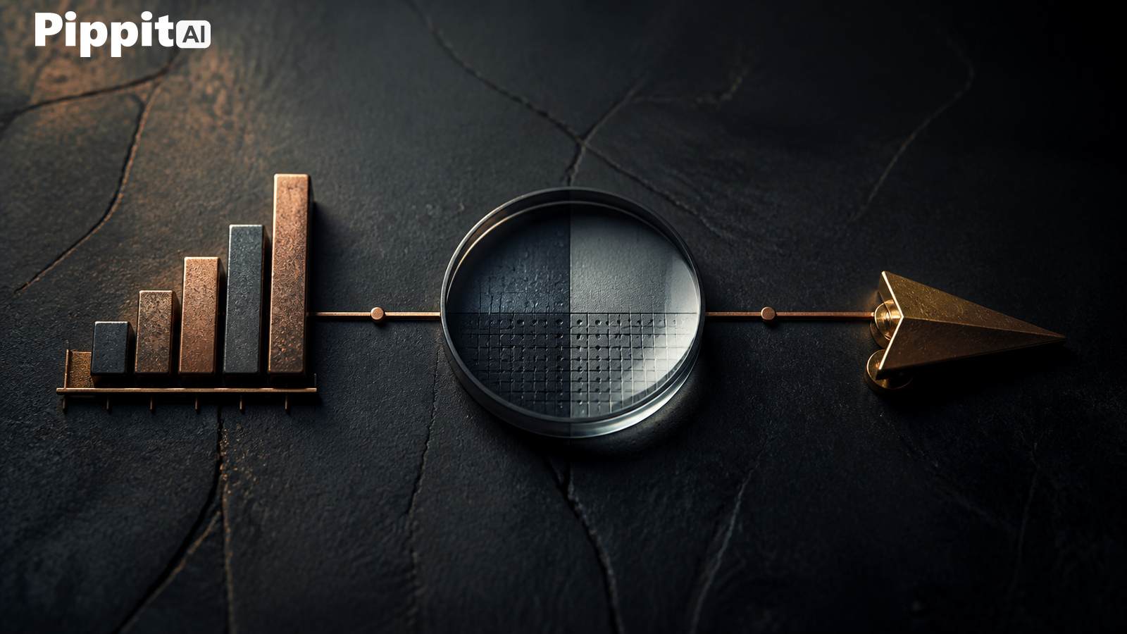 Bar chart, magnifying glass, and arrow on a dark textured background