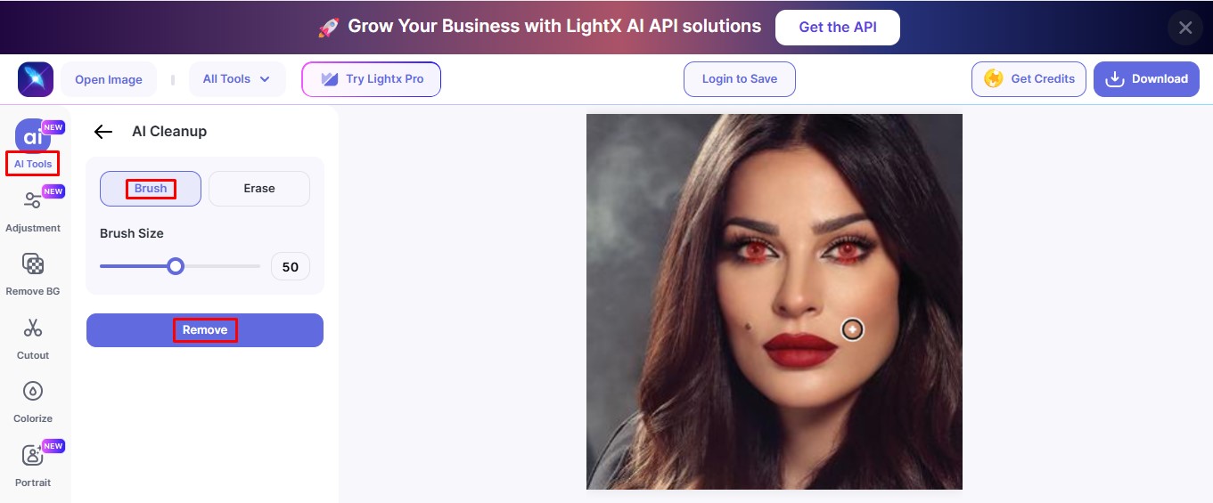 Use LightX tools to fix red eye online