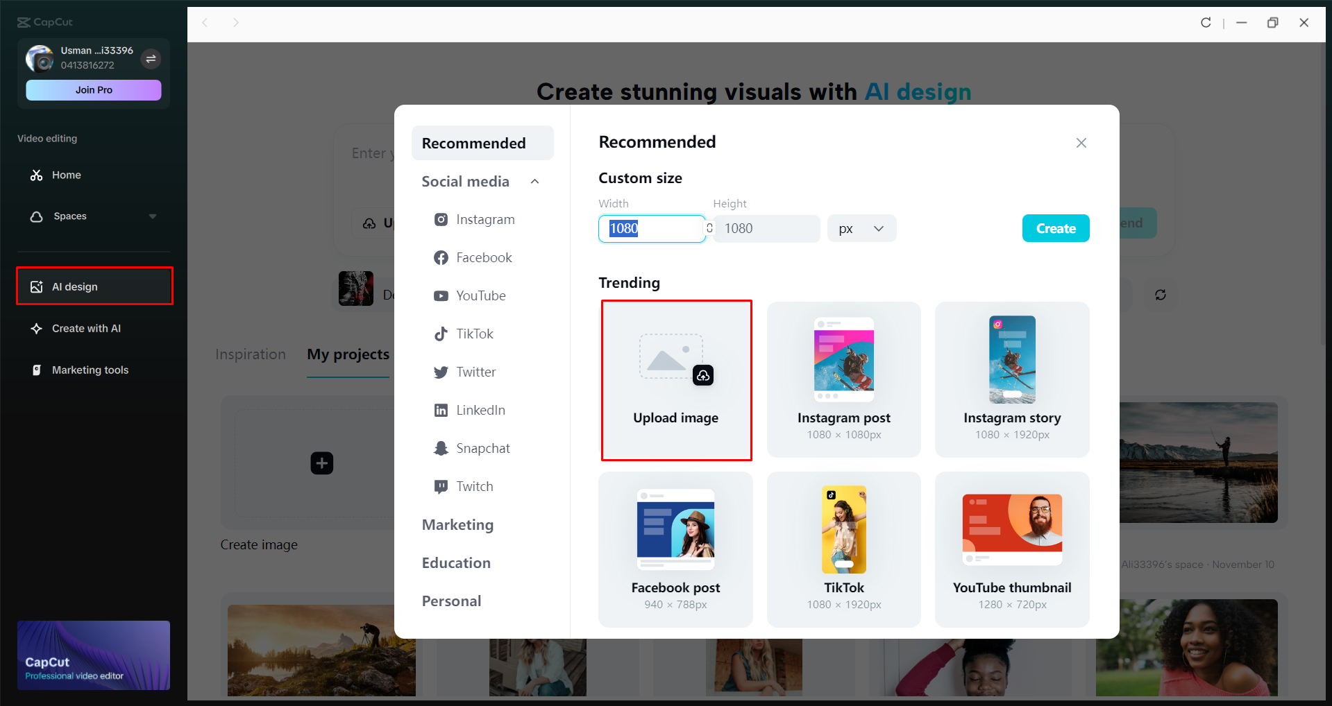Uploading an image to the CapCut desktop video editor