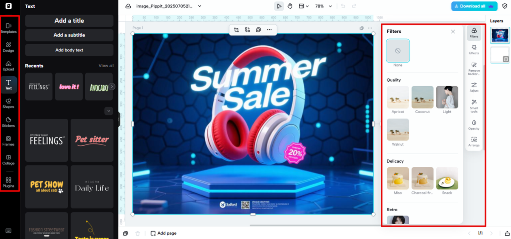 Espaço de edição de imagens no Pippit