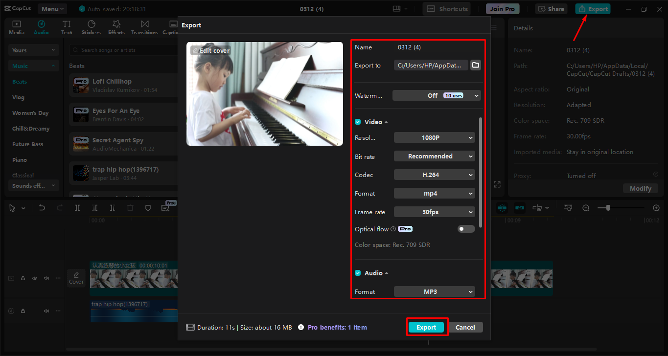 Exporte seu vídeo para o editor de vídeo de desktop CapCut