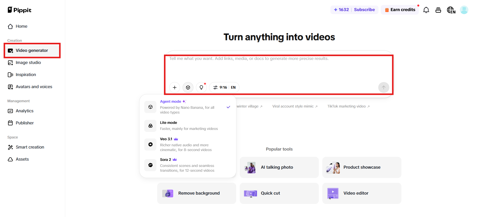 Đi đến Video generator