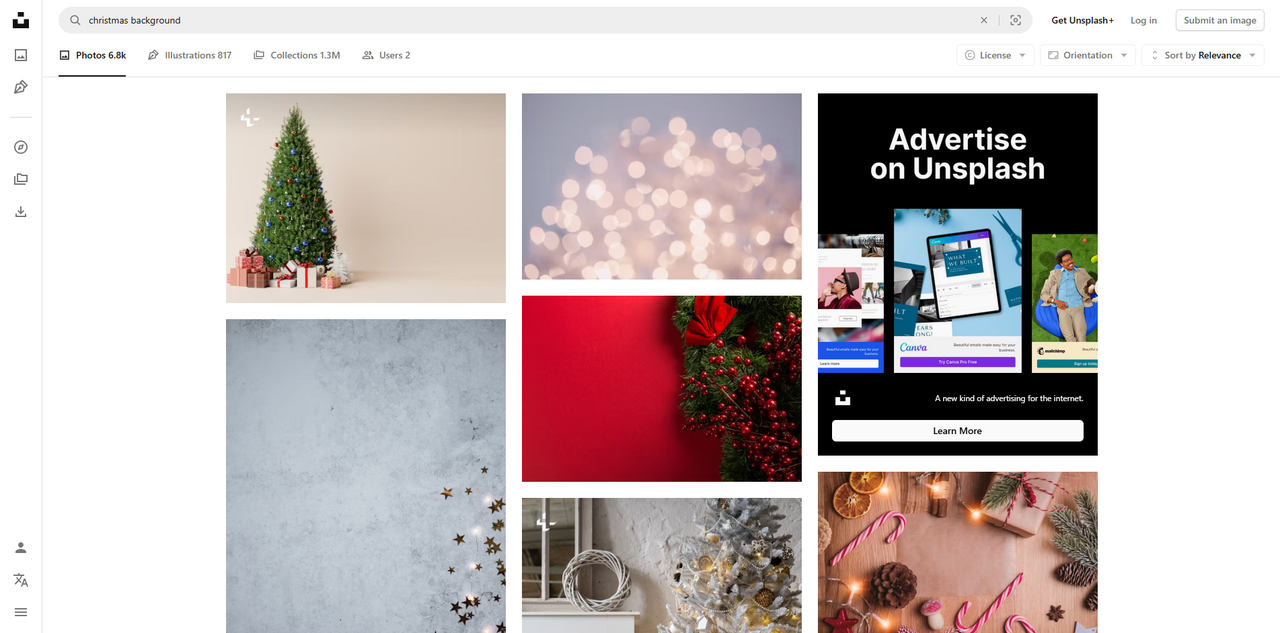 Interface of Unsplash - an easy way to download free Christmas image backgrounds