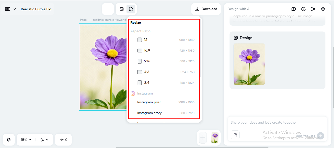 Editing a flower on the CapCut desktop video editor