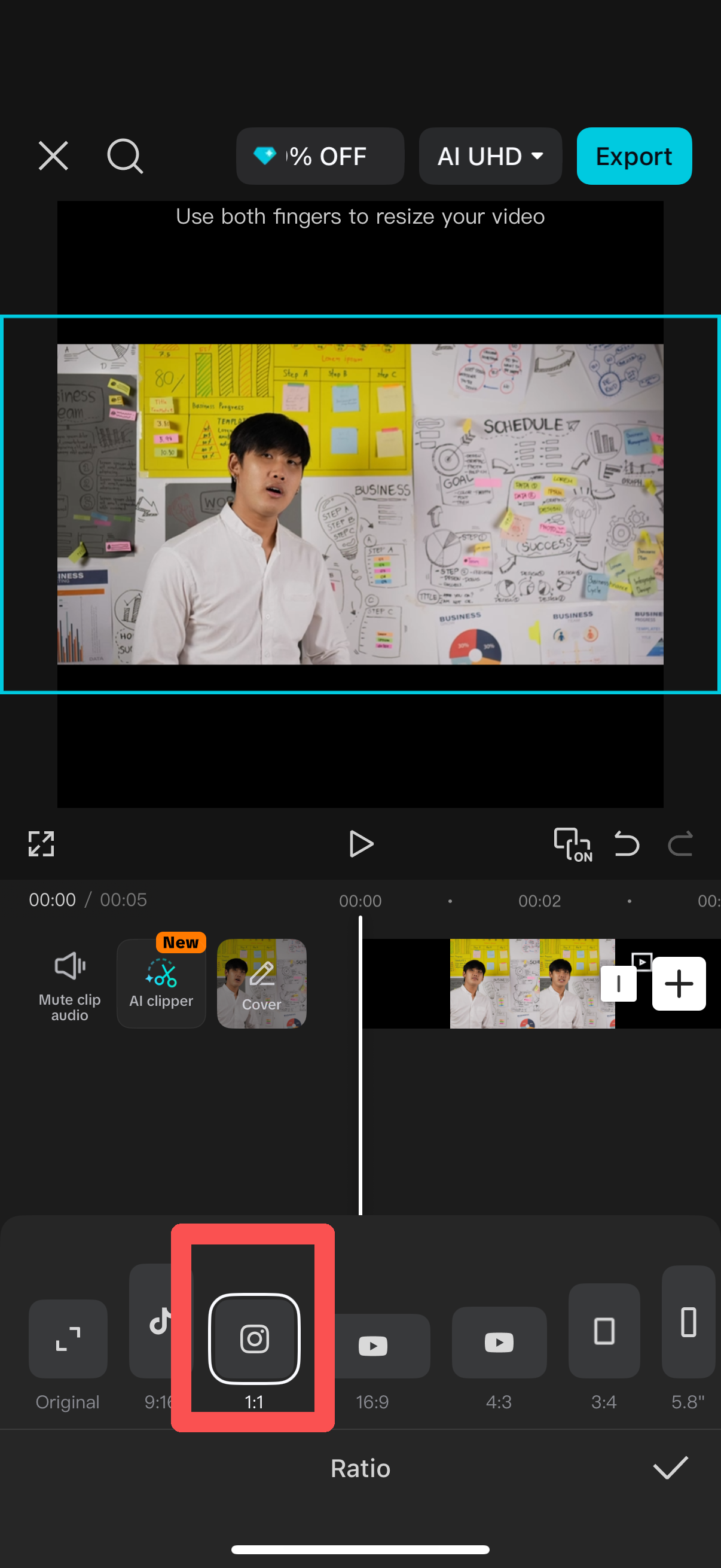Resizing video to square aspect ratio in CapCut mobile app