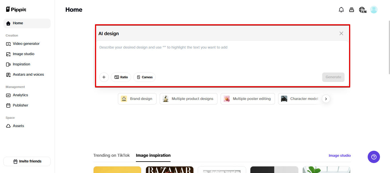 Ferramenta de design de IA no Pippit