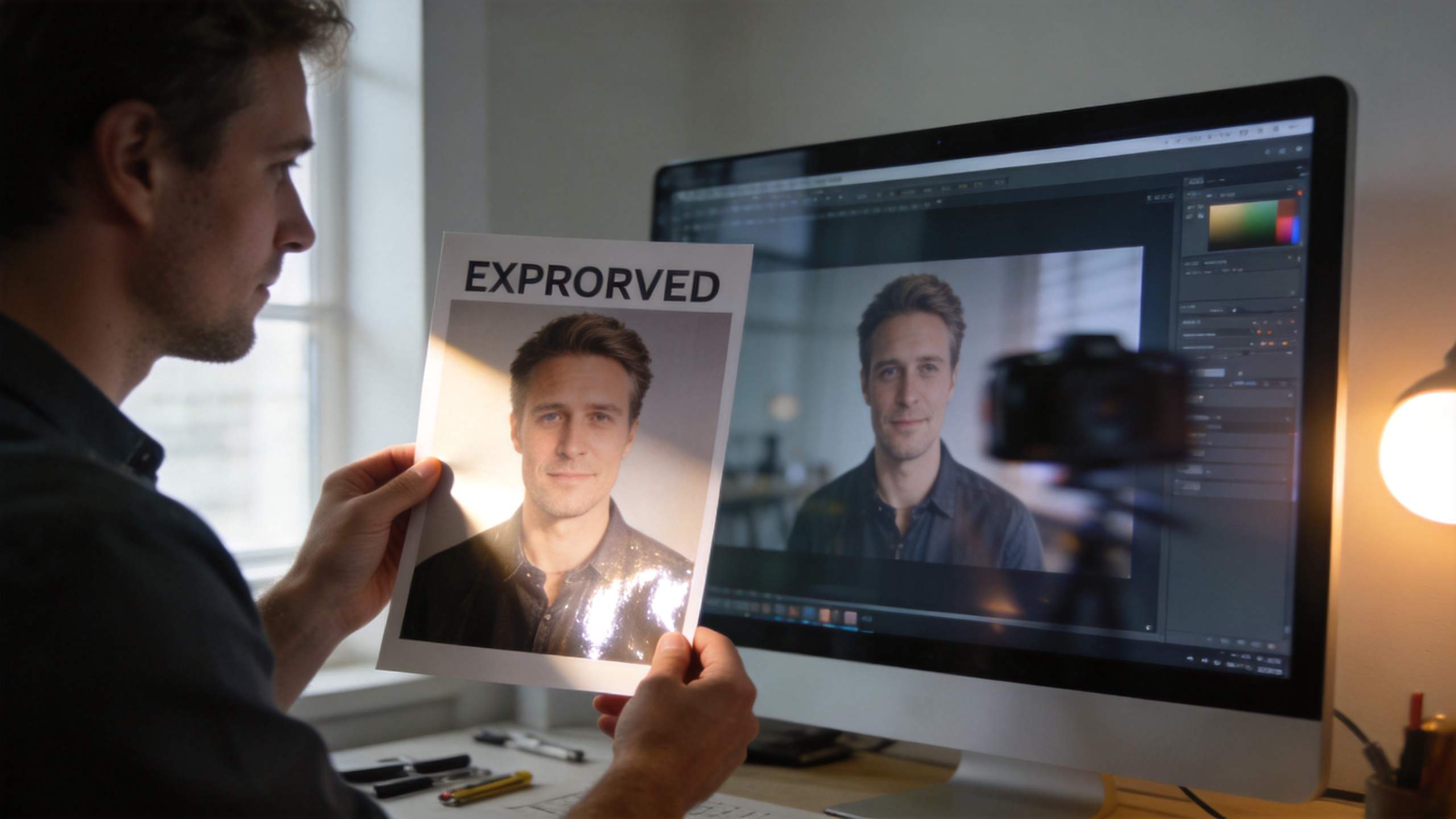 Man compares a printed portrait labeled "EXPRORVED" with the same portrait on a computer screen.