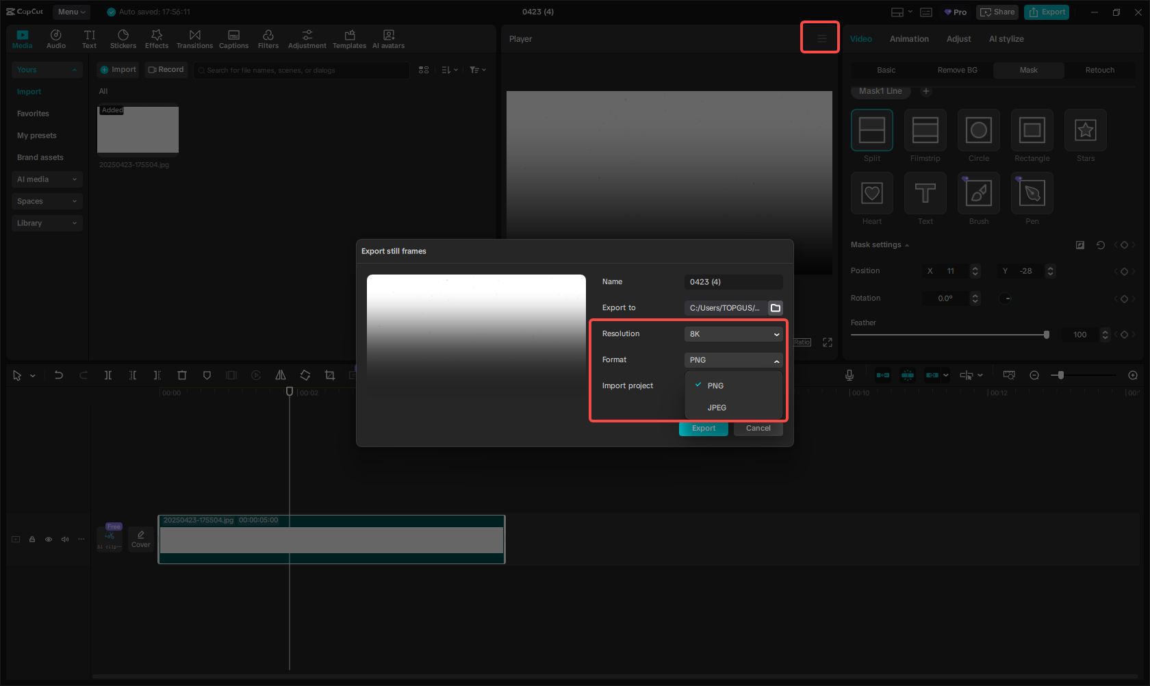PNG kép exportálása CapCut-ban